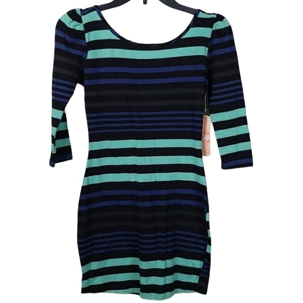 Gianni Bini NWT Black Stripe Bodycon Dress V-Back Small 2/4 Stretchy Sexy Mini